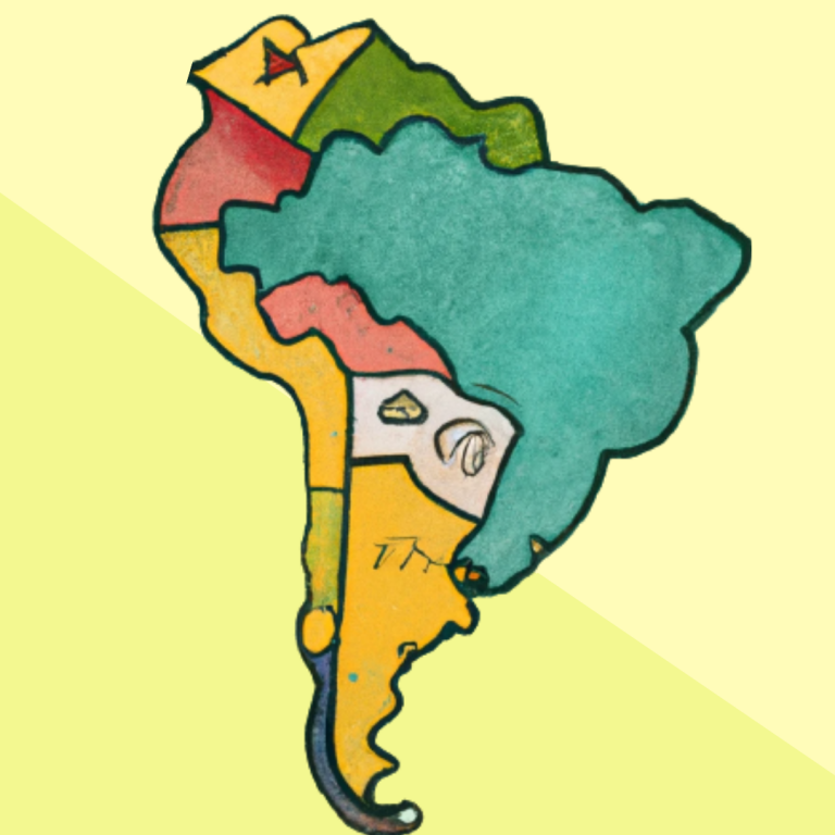 mapa da américa latina desenhado ao estilo cartoon com fundpo em dois tons de amarelo